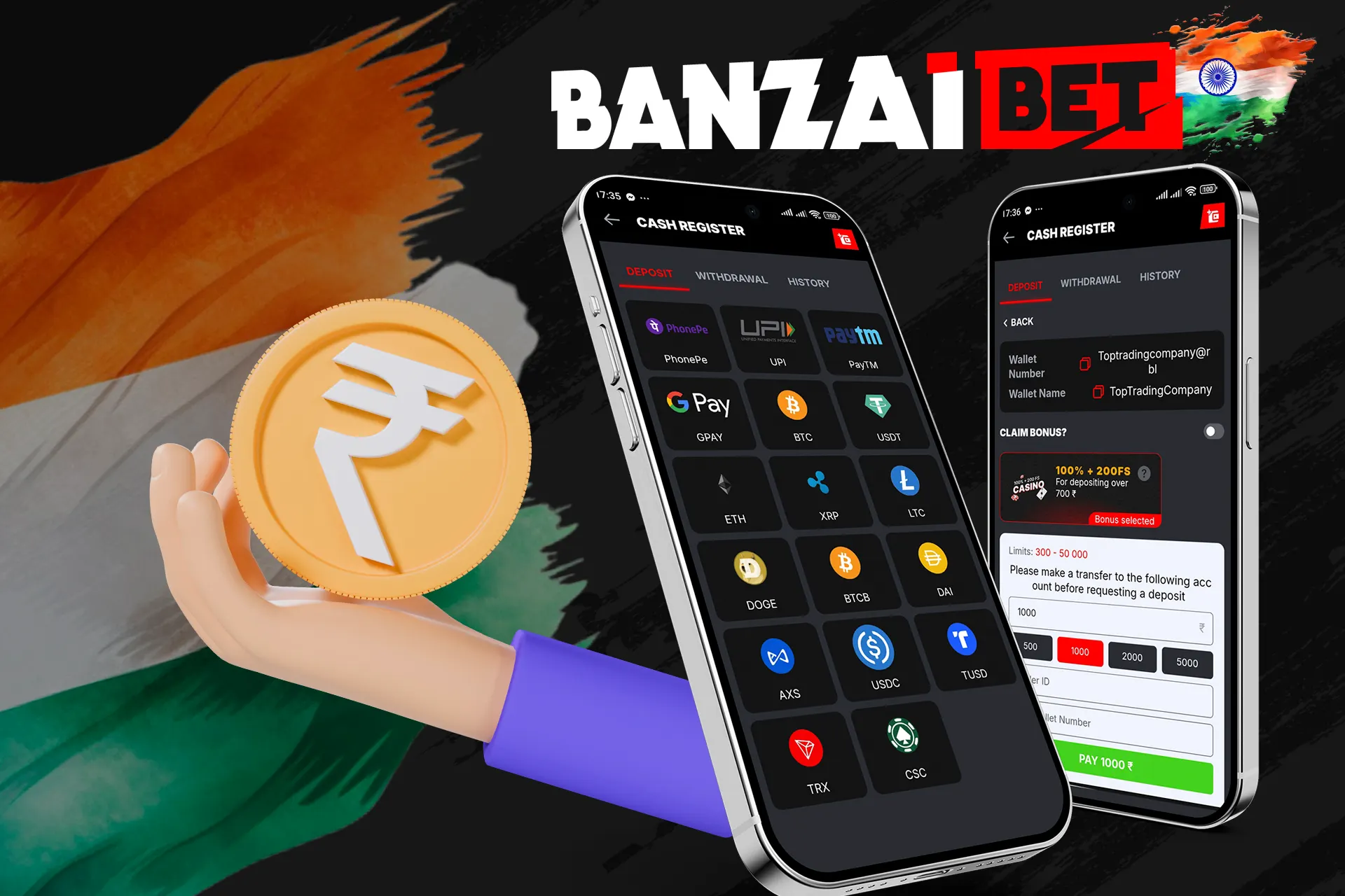 Make your first deposit using the Banzaibet India mobile app
